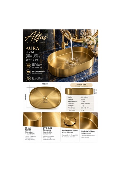 Alfas Aura Oval 60x40cm Pvd Gold Tezgah Üstü Çanak Lavabo 304 Paslanmaz Çelik 2.0mm