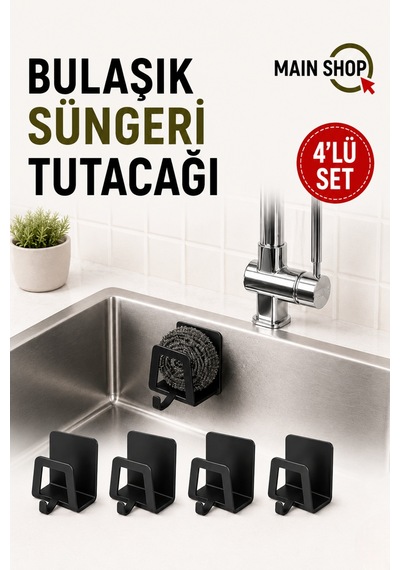 Mainshop 4 Adet Musluk Yanı Sünger Askılığı Evye Sünger'liği Banyo Mutfak Kancalı Düzenleyici M-sng2 Siyah