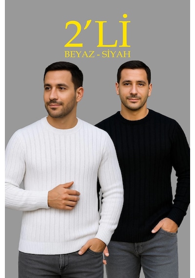 Barlashive Erkek Fitilli Triko Kazak 2 Li Set Siyah Beyaz Kalın Dokuma Pamuklu Regular Fit Bisiklet Çok Renkli