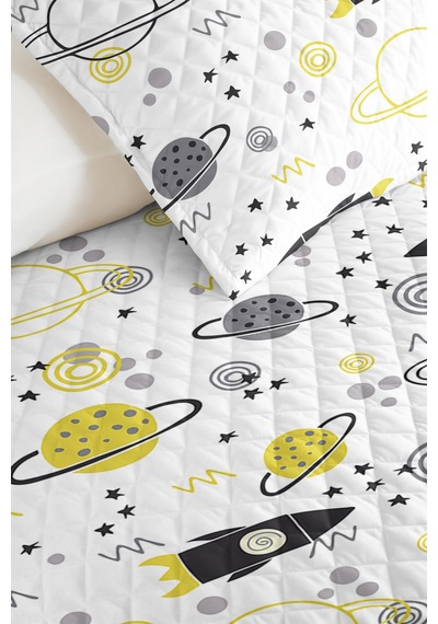 Evimde Bambaşka Uzay Roket Sarı Erkek Çocuk Pike Takımı - Gri Geometrik Bebek Odası Yazlık Yatak Örtüsü - 160x220  CM