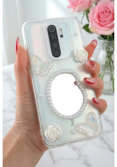 Fibaks Redmi Note 8 Pro Uyumlu Kılıf 3d Kelebek Gül Desenli Aynalı Simli Şeffaf Tasarımlı Silikon Kapak
