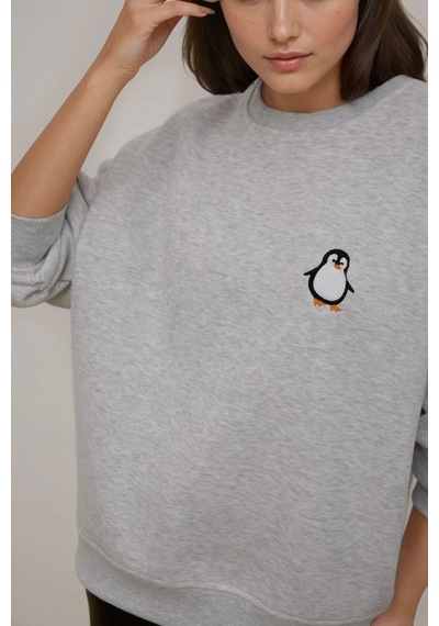 Hiccup Rahat Hayvan Nakışlı Şardonlu Bisiklet Yaka Hoodie Gri