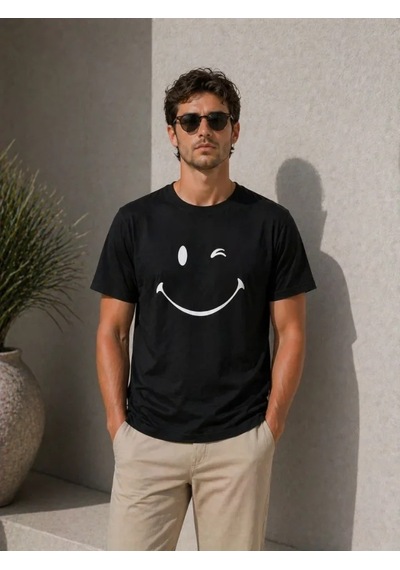 Veraura Lifestyle Erkek Minimal Gülümseyen Yüz Baskılı Tişört Kısa Kol Yazlık T-shirt - Siyah