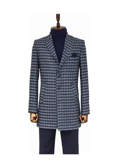 Wessi Kaşe Kareli Geniş Yaka Slim Fit Lacivert Erkek Palto 001