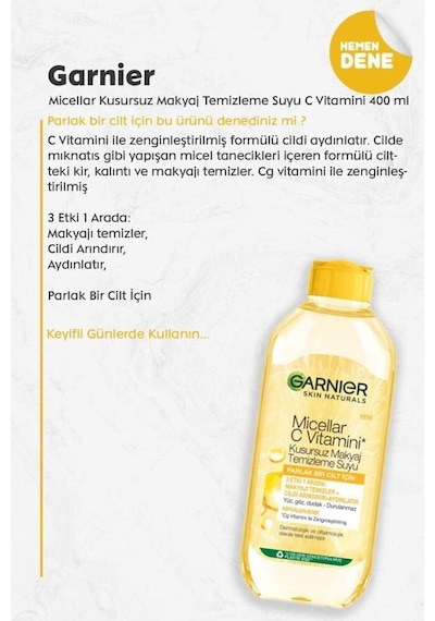 Garnier Micellar C Vitamini Kusursuz Makyaj Temizleme Suyu 400 ML + C Vitamini Parlak Günlük Aydınlatıcı Krem 50 ML