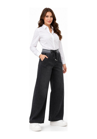 Kübra Kadın Bol Jean Pantolon Beli Ribana Lastikli Bgl-st05385 Füme