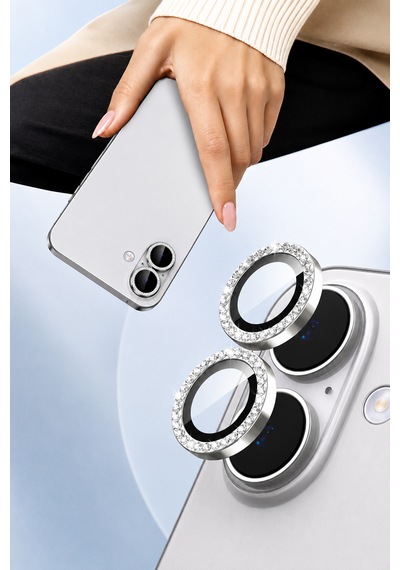 Apple iPhone 17 Uyumlu Taşlı Kamera Lens Koruyucu Beyaz