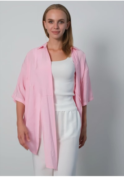 Pera Moda Önden Bağlamalı Uzun Kimono Yazlık İnce Gömlek Hırka Modeli Pembe