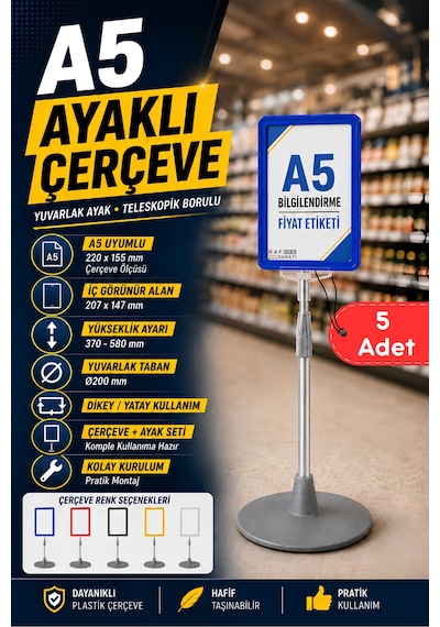 5 Adet - A5 Ayaklı Menü Ve Fiyat Bilgi Standı Yuvarlak Tabanlı Teleskopik Çerçeve Etiketlik Mavi