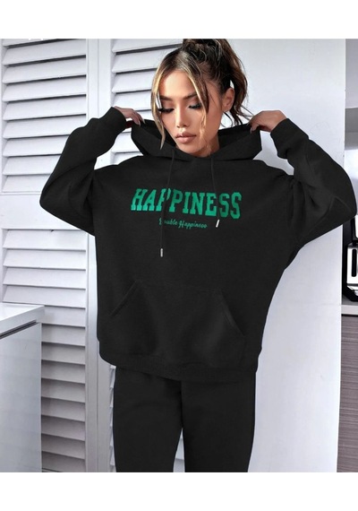 Siyah Happiness Kapüşonlu Kombin Alt Üst Eşofman Takımı Siyah