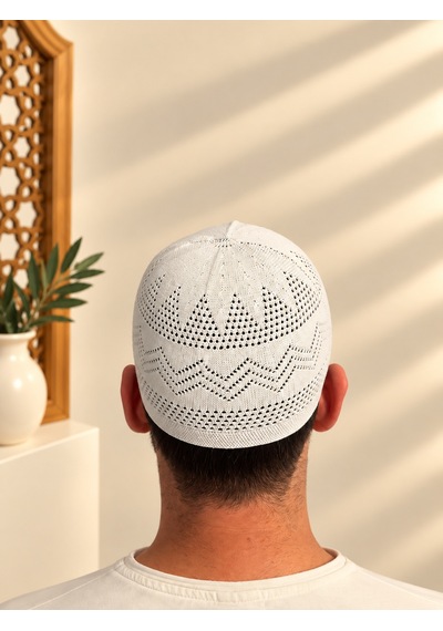Erkek Namaz Takkesi Zikzak Desenli Standart Beden Mv001 Hac Umre Ve Günlük Kullanım Takkesi Beyaz
