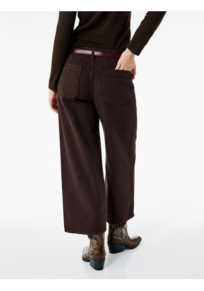 Koton Pamuklu Geniş Paça Kemerli Crop Pantolon - Wide Leg Jeans Kahverengi 7wal40008mw Kahve