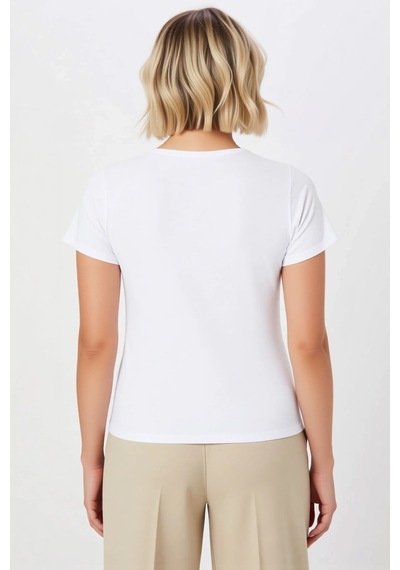 Benerly Kadın T Shirt Bisiklet Yaka Kısa Kol Fitted Kalıp Asimetrik Kesim Beyaz