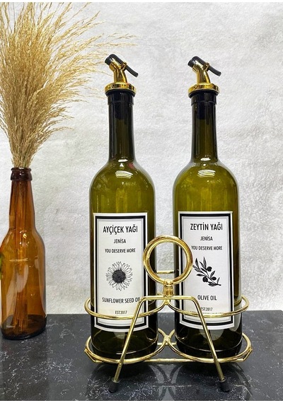 Altın Standlı Yuvarlak Figürlü 750ml Yeşil Amber Şişe Altın Akıtı