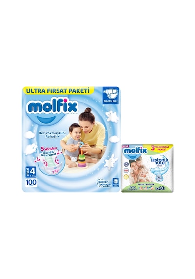 Molfix Pure&Soft Bebek Bezi 4 Numara Maxi Ultra Fırsat Paketi 100 Adet + İzotonik Sulu Mendil