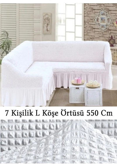 Starmall Bürümcük 7 Kişilik Köşe Koltuk, Kanepe Örtüsü, Koltuk Kılıfı, Lastikli, Etekli, L Köşe 550 Cm Beyaz Beyaz