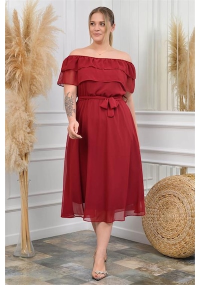 Dip Moda Kadın Şifon Kuşaklı Büyük Beden Elbise Dpnb8061 Bordo