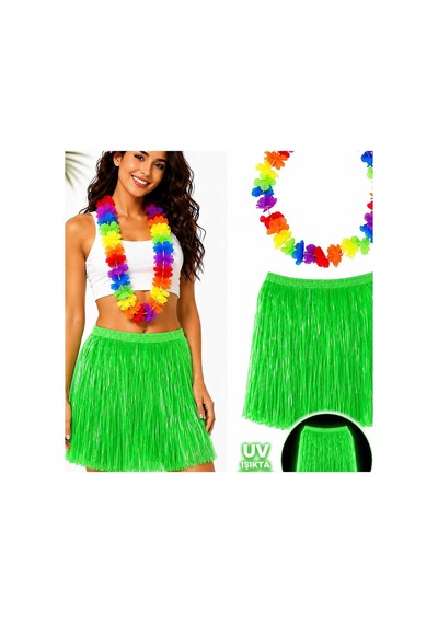 Neon Yeşil Hawaii Etek 40 Cm Ve Rengarenk Hawaii Kolye Evimdeyokyok