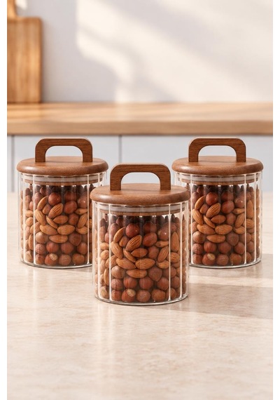 Atbyhome 3'lü Akasya Kulplu Çizgili Cam Erzak Kavanozu 650 Ml - Vakumlu Baharat Ve Kuruyemiş Saklama Kabı Seti Ahşap - Şeffaf