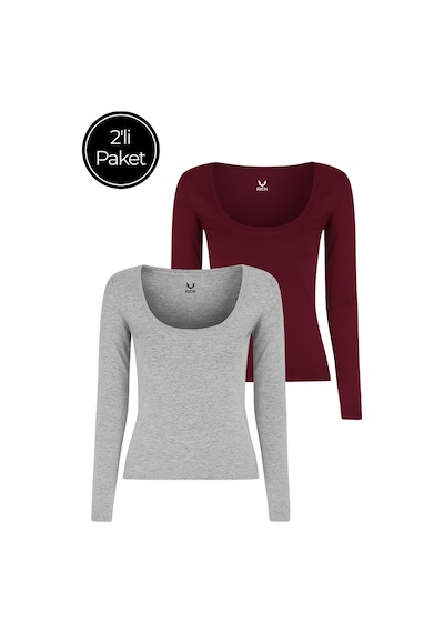 Rich Kadın 2'li Paket Gri Melanj-bordo U Yaka Vücudu Saran Uzun Kollu Bluz Bordo Melanj