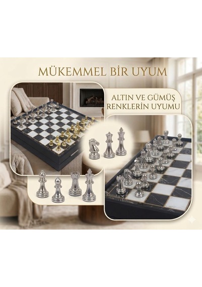 Kişiye Özel Lüks Metal Satranç Takımı Mermer Desenli Sandıklı Premium Oyun Seti 20 Cm. Klasik Figür