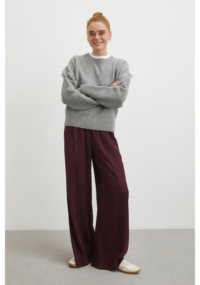 Never More Çizgi Detaylı Geniş Paça Beli Lastikli Pantolon Bordo Bordo