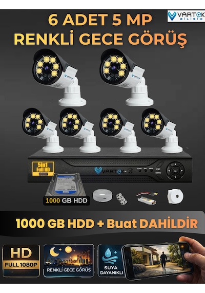 6 Kameralı Set 1000 Gb Hdd Full Hd Gece Görüşlü Güvenlik Kamerası Sistemi-sabit İp Gerektirmez-