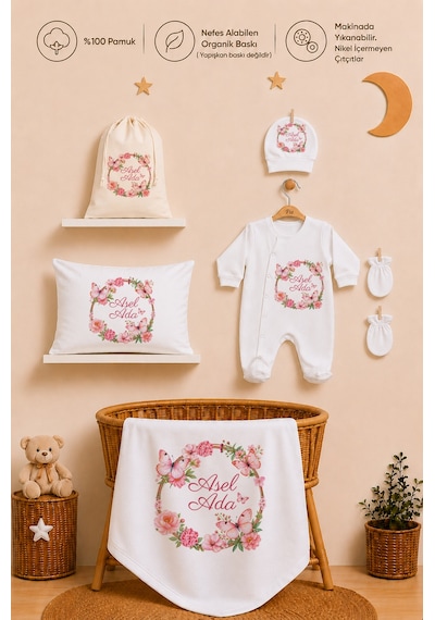 Pia Baby Kız Bebek Yeni Doğan Hastane Çıkışı %100 Pamuk İsme Özel Tulum Seti Battaniye Yastık Kılıfı Kese 2011tybk0x Krem