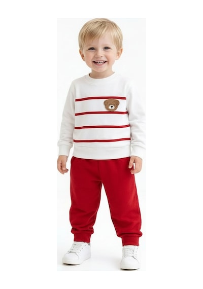 Ürünya Erkek Bebek Pamuklu Çizgili Animal Desenli Sweatshirt Eşofman Takımı - 12 Ay Kırmızı 2'li Lacivert