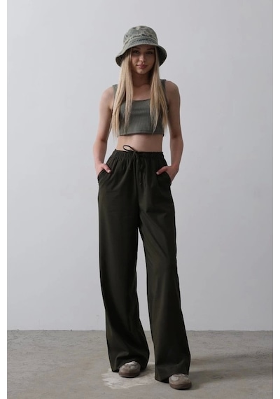 Defymoda Beli Lastikli Bol Paça Pantolon - Koyu Haki Koyu Haki