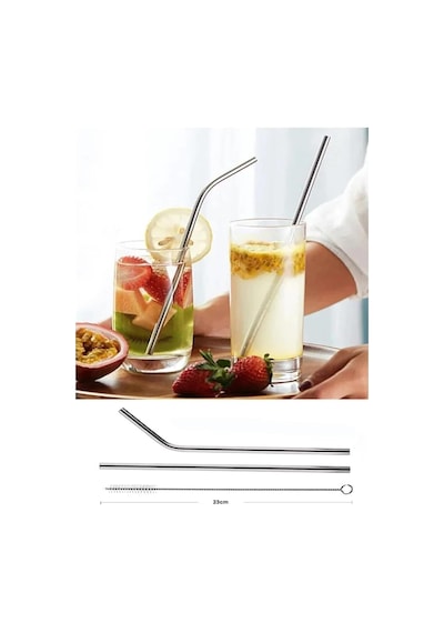 Paslanmaz Çelik Pipet Seti, 2 Adet 21 Cm Pipet Ve Temizleme Fırçası Çevre Dostu, Gümüş, Ev Restoran Kullanımı İçin Çok Renkli