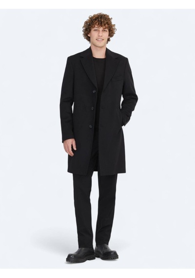 Kip Siyah Regular Fit Kruvaze Yaka Casual Dokuma Palto Siyah