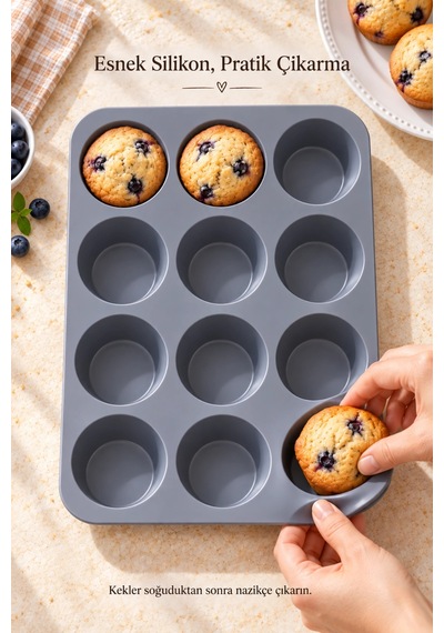 Tilbe Home 12'li Silikon Muffin Kalıbı Yapışmaz Cupcake Kek Kapsül Brownie Mutfak Fırın Tepsisi Pasl Gri