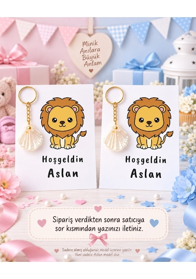 Aslan Model 15 Adet Kartlı İstiridye Anahtarlık - Doğum Günü Hediyelik Hoşgeldin Bebek Hediyeliği