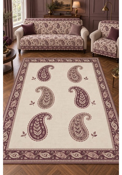 3 Lü Set 2 Adet 165x215 Cm Koltuk Örtüsü + 1 Adet 6m2 180x280 Cm Kaymaz Taban Dijital Baskılı Halı Mürdüm