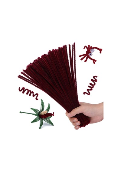 25 Adet Bordo Şönil, Çiçek Yapımına Uygun Bordo Renk Tüylü Tel, 30 Cm 6mm