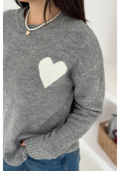 Noa & Noa Kadın Kalpli Kalın Triko Kazak Oversize & Minimal Romantik Stil Gri