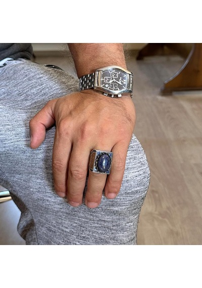 Gerçek Doğal Taş Yüzük - 925 Ayar Gümüş İslami Yüzük - El Yapımı Hat Yüzüğü Lapis Lazuli Gümüş