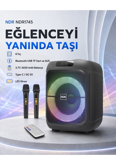 Ndr Ndr1745 Çift Karaoke Mikrofonlu Bluetooth Hoparlör Fm Radyo 20w 8 İnç Rgb Kumandalı Siyah