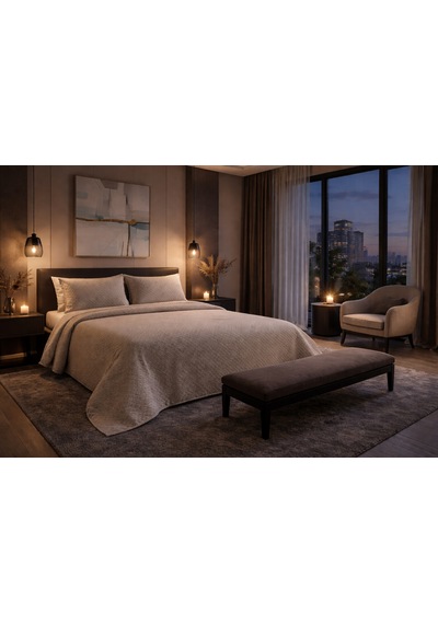 Calantha Home Collection Reyna 3 Parça Geometrik Cappuccino Pike Takımı 240 X 260 Cm Cappuccino