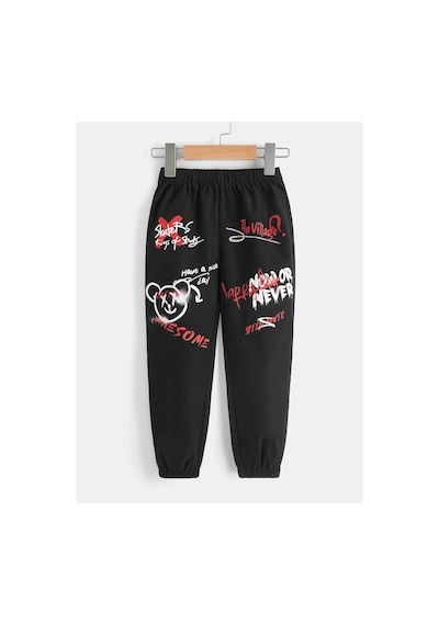 Tarzsokak Toddler Boys Bear & Letter Graphic Elastic Waist Pants Siyah