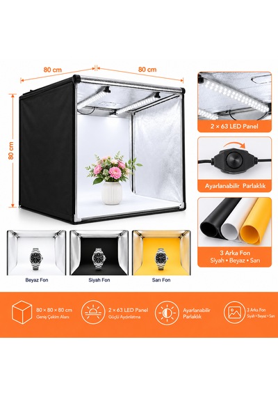 Luve Store 80x80x80 Cm Led Fotoğraf Çekim Çadırı 126 Led 84w Profesyonel Ürün Fotoğraf Çadırı Siyah