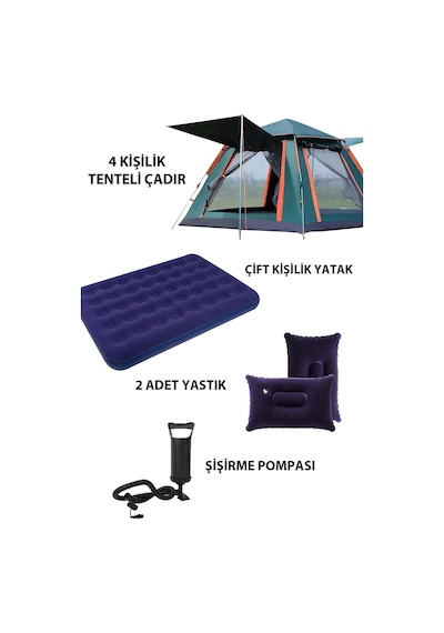 4 Kişilik Tenteli Tam Otomatik Kurulum Kamp Çadırı + Çift Kişilik Yatak + 2 Yastık + Manuel Pompa Yeşil