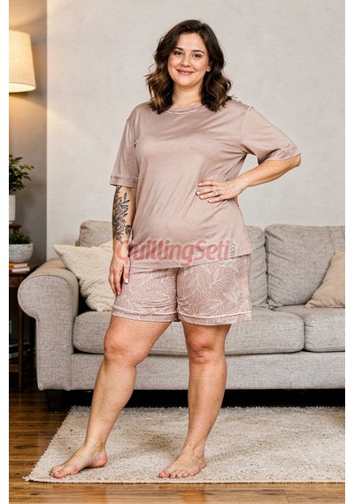 Lady Pudra Renk Çiçek Desenli 10446 Şortlu Büyük Beden Anne Pijama Takımı - 4xl