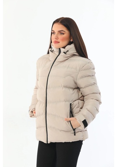 Spor Kadın Polarlı Kürklü Kapüşonlu Su Geçirmez Rüzgara Dayanıklı Şişme Mont Parka-104 Taş