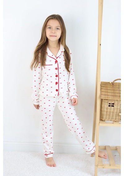 Kız Çocuk Kırmızı Kalpli Pamuklu Pijama Takımı - Uzun Kollu Düğmeli Rahat Takım Kırmızı
