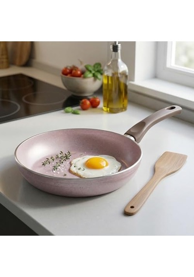 Buz 24 Cm Tava - Shadow Krem Kırçıl Granit Efektli Yanmaz Yapışmaz Günlük Kızartma Ve Omlet Tavası Açık Bakır