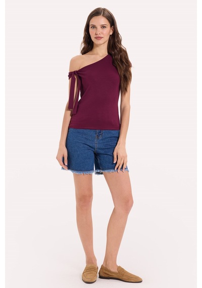 Tudors Kadın Slim Fit Dar Kesim Kısa Kollu Kayık Yaka Bordo Bluz-50537