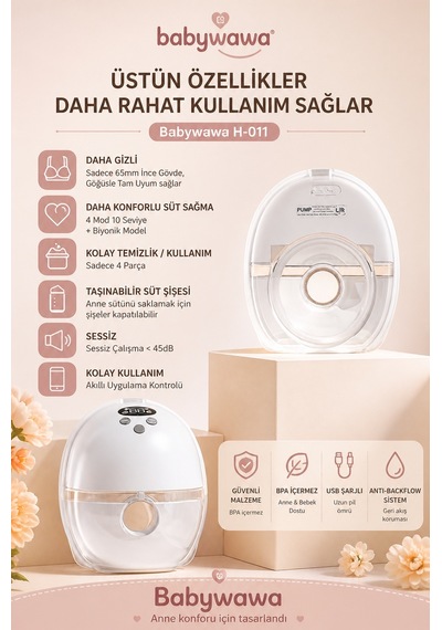 Babywawa H-011 Giyilebilir Göğüs Pompası Tekli Kablosuz, Sessiz Ve Taşınabilir Süt Sağma Makinesi