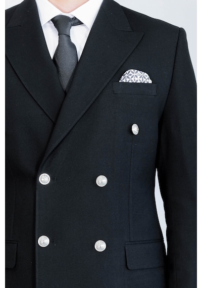 Gümüş Düğmeli Slim Fit Kruvaze Siyah Erkek Takım Elbise Wessi Siyah